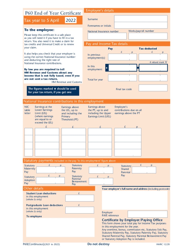 P60 End of Year Certificate Tax Year to 5 April  Form