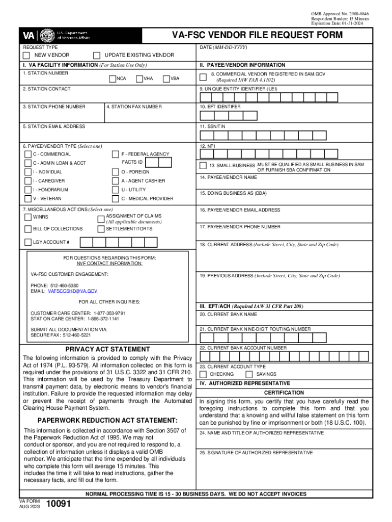  Fillable VA Form 10091, FSC Vendor File Request 2023-2024