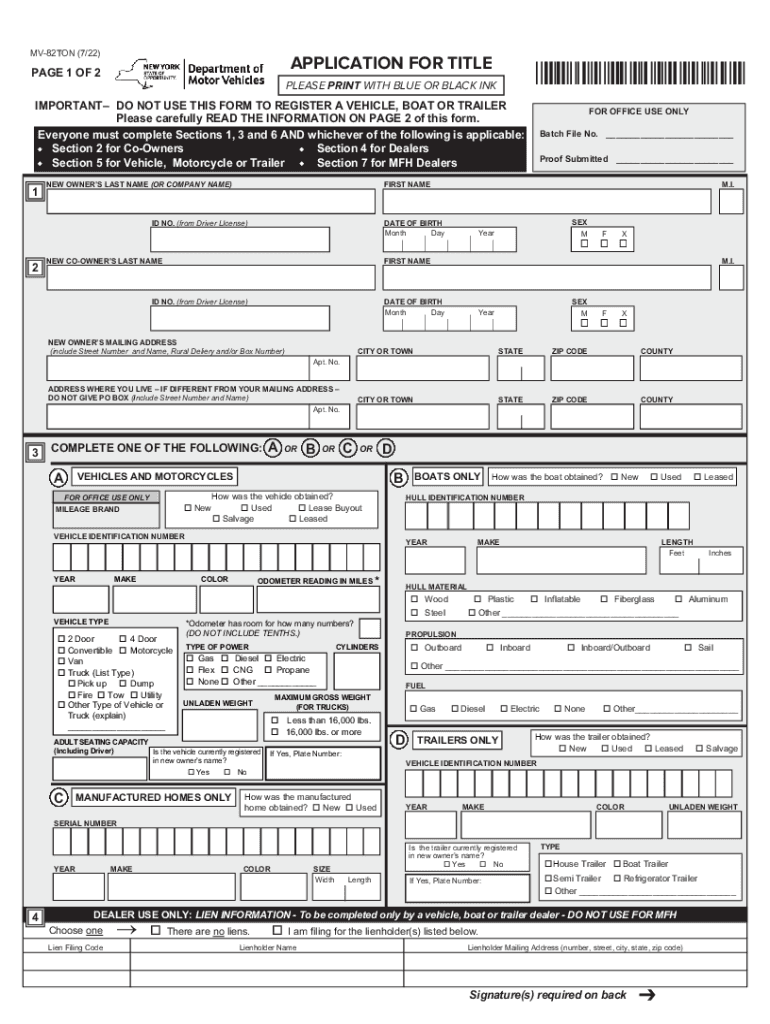  Ds Application, For, Title, New, York, State, Department, Of, Motor, Vehicles, MV 82TON 722 2022-2024