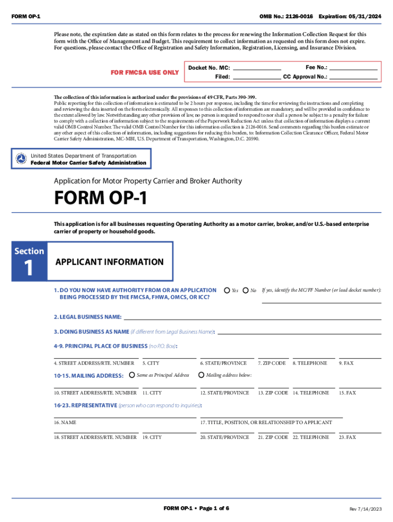 FMCSA Form OP 1 2023-2024