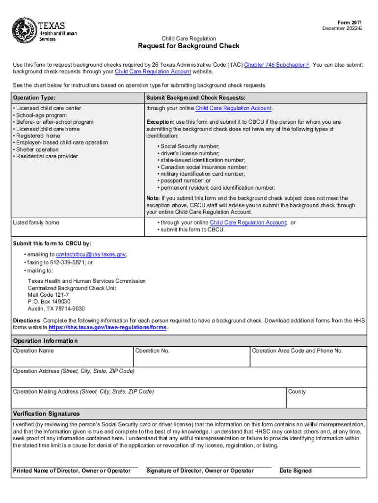  Form 2971, Child Care Regulation Request for Background Check Form 2971, Child Care Regulation Request for Background Check 2022-2024