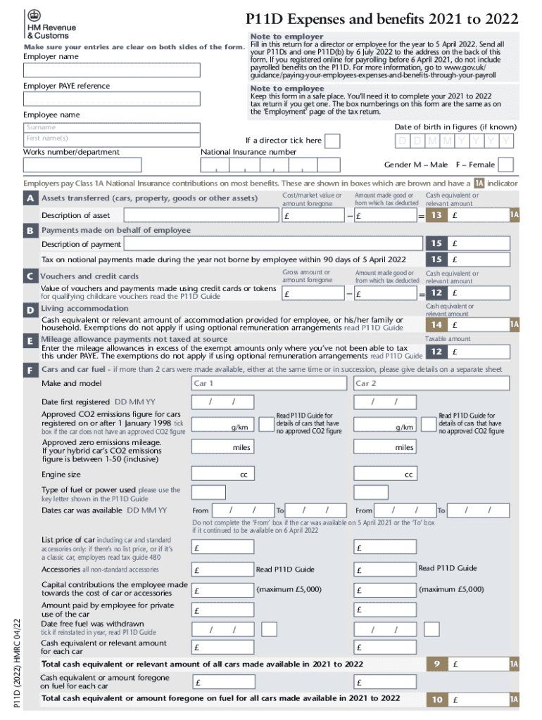 P11D Expenses and Benefits to Note to Em  Form
