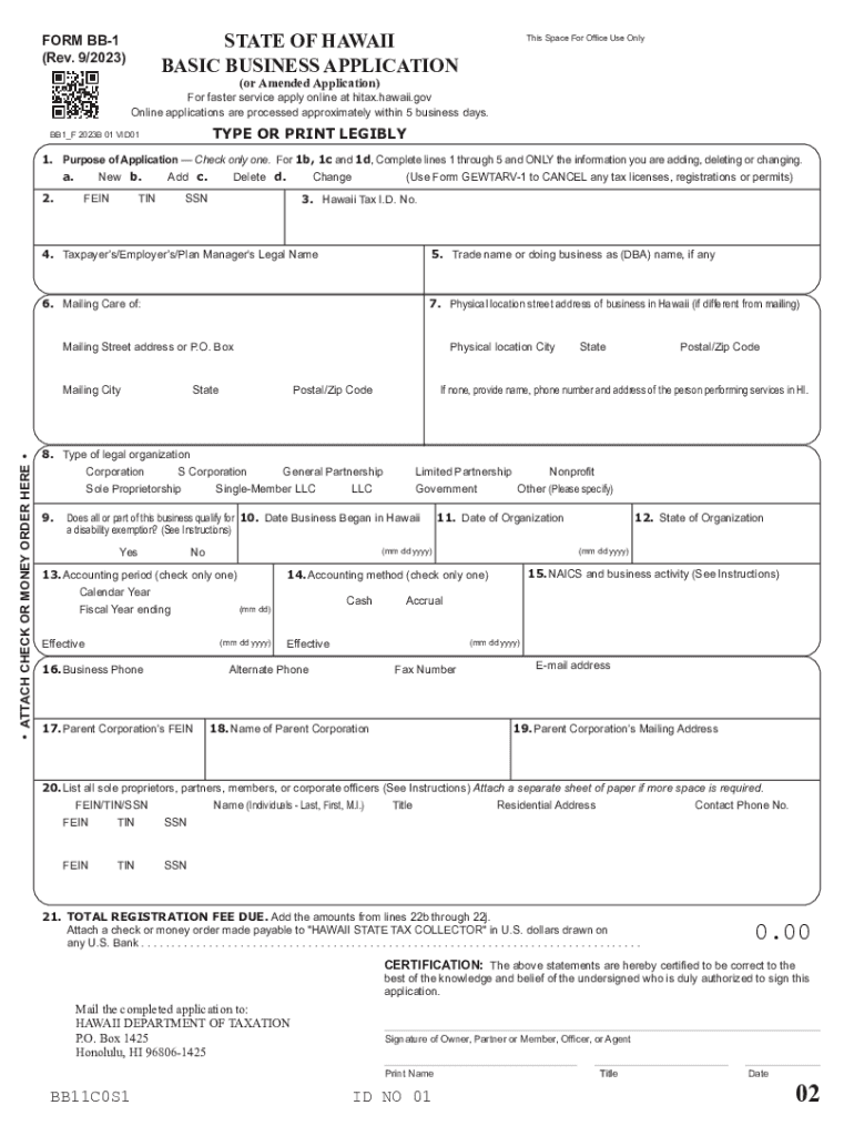  Form BB 1, Rev 9, State of Hawaii Basic Business Application Forms 2022