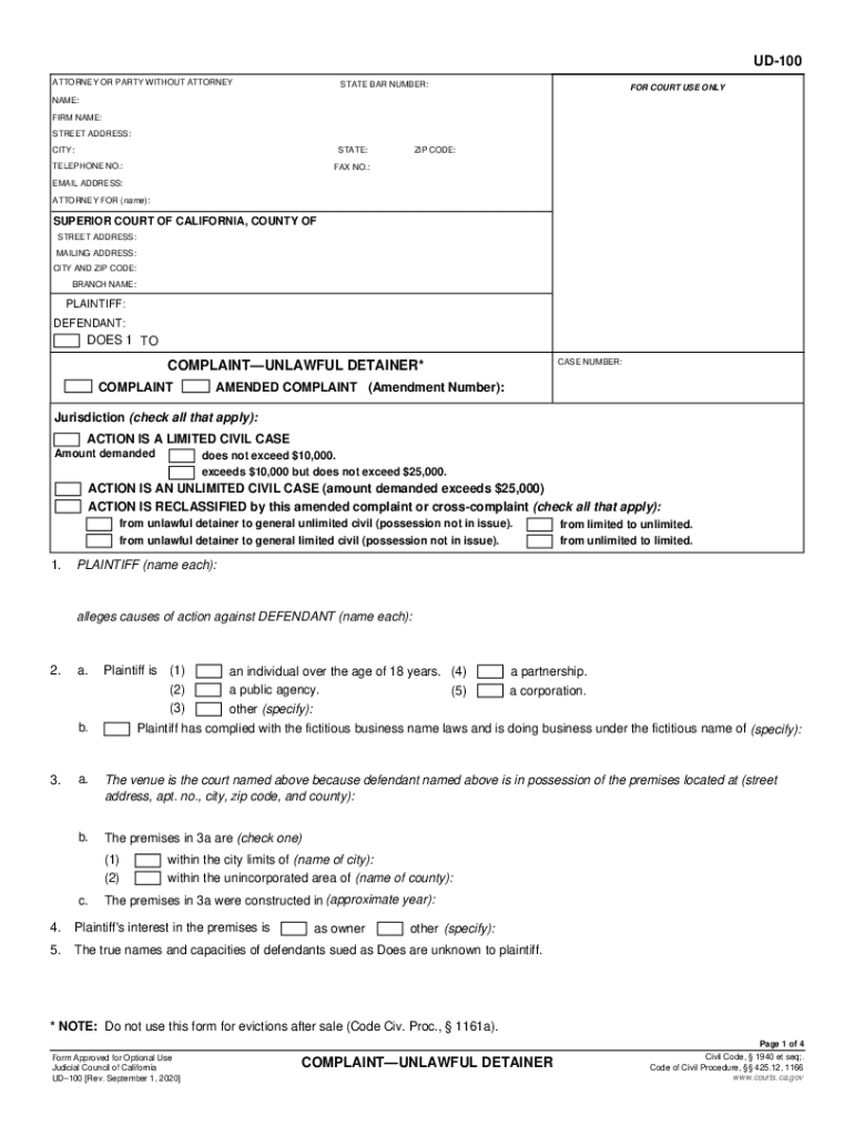 UD 100 Complaint Unlawful Detainer  Form