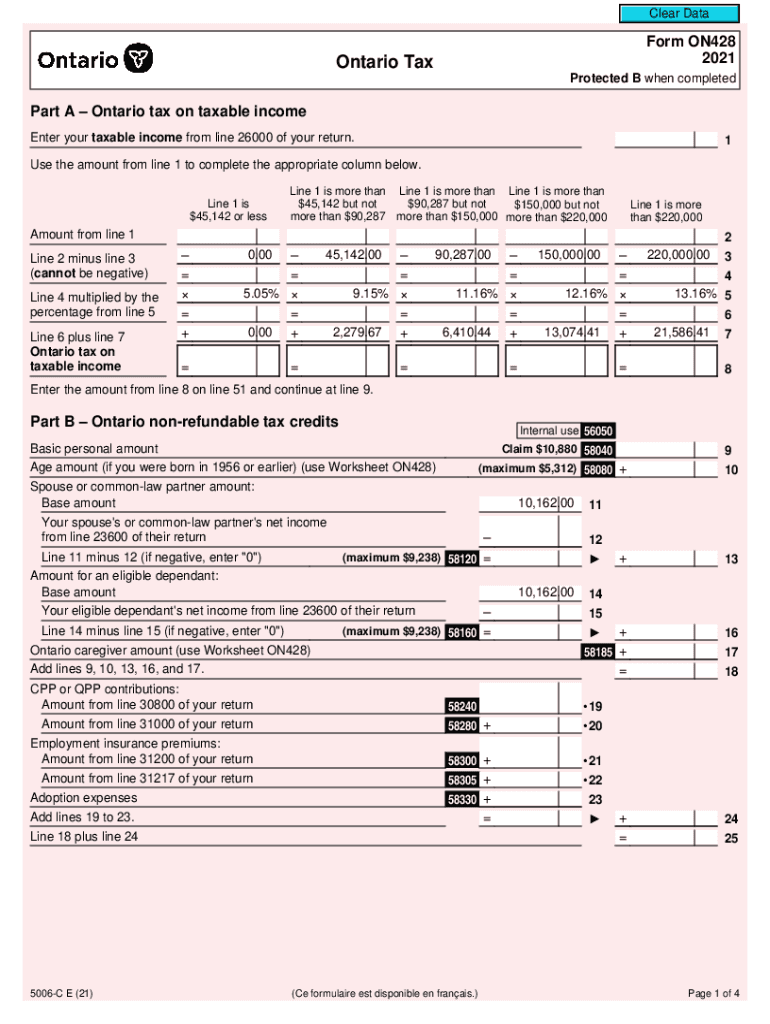  Ontario Tax on Taxable Income Form ON428 2021-2024