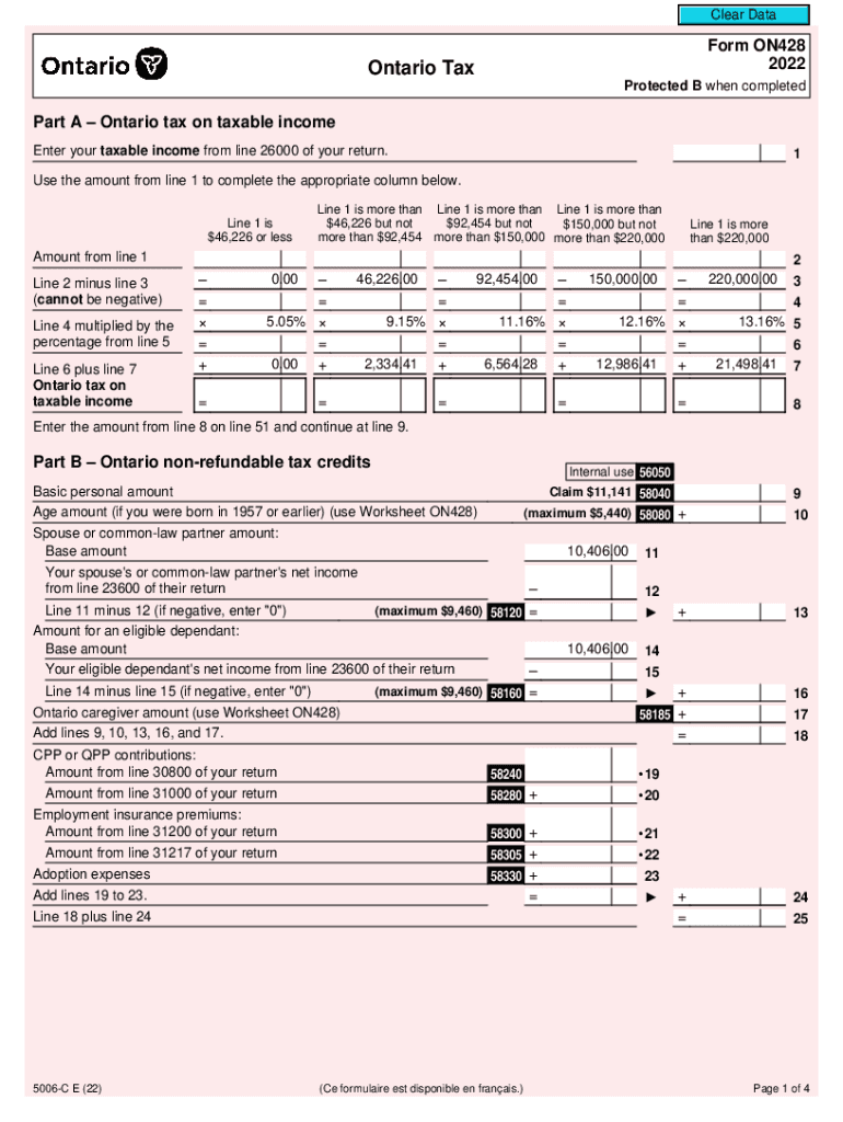 Ontario Tax Return Fill 20e PDF Clear Data Form ON428