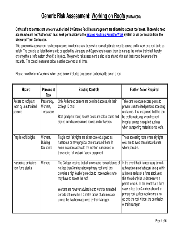 1st Draft Risk Assessment for Use of Working on Roofs FMRA 0006  Form