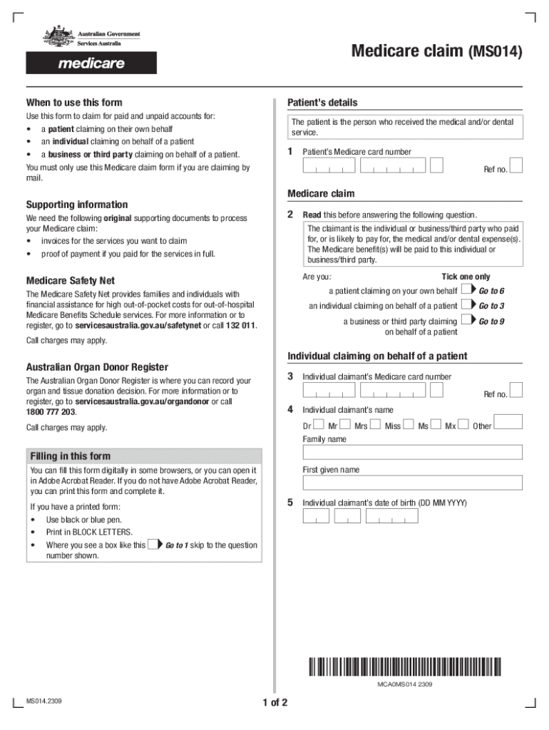  Medicare Claim MS014 When to Use This Form Only 2023-2024