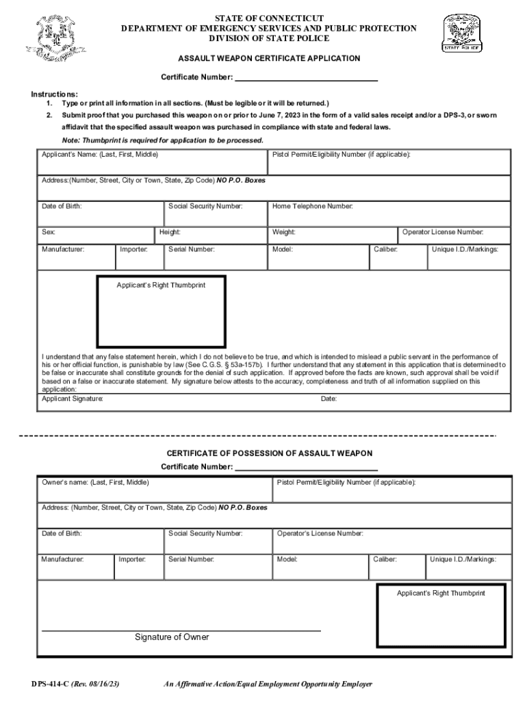  DPS 414 C Assault Weapon Certificate Application CT Gov 2023-2024