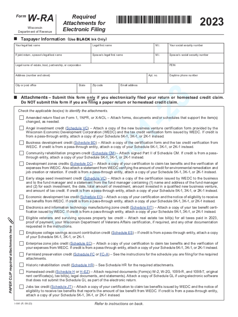 I 041 Wisconsin Form W RA, Required Attachments for Electronic Filing Form W RA 2022