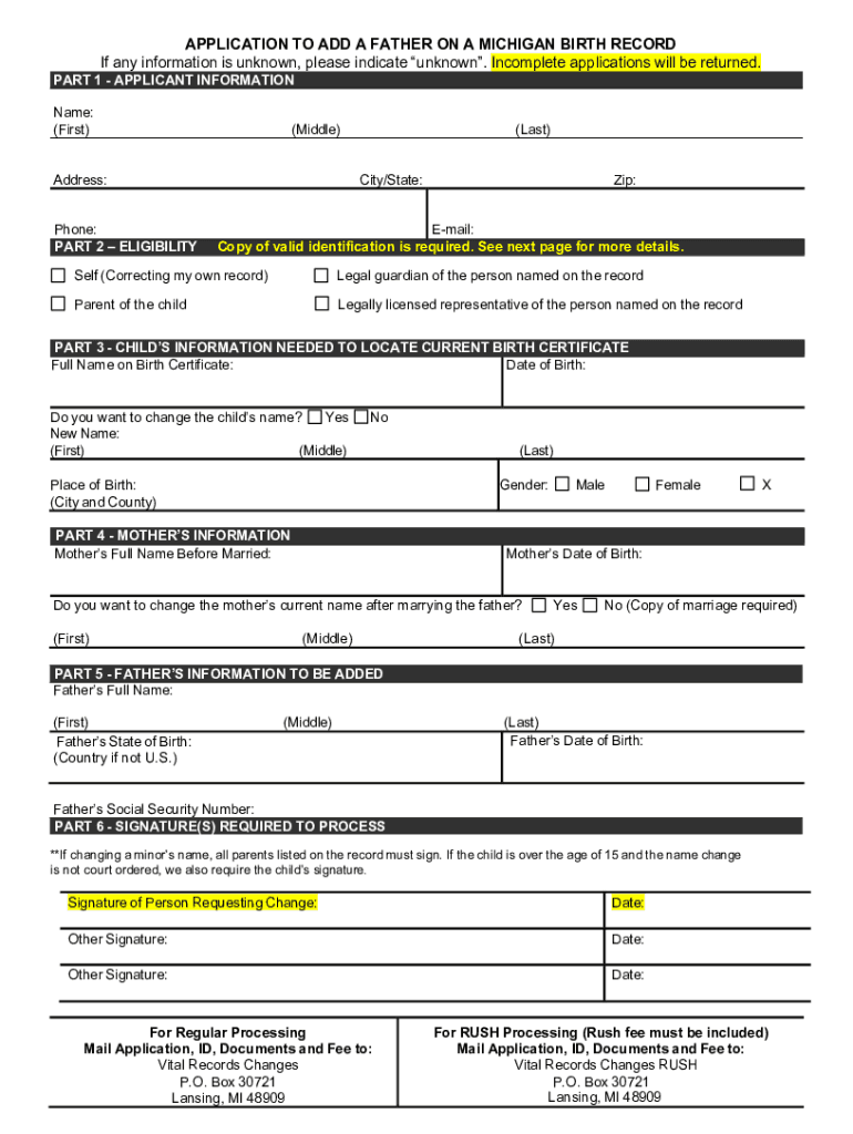  DCH 0848 CHGBX, Application to Add a Father on Michigan Birth Record Application to Add a Father on Michigan Birth Record 2023-2024