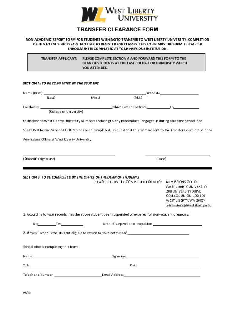 NON ACADEMIC REPORT FORM for STUDENTS WISHING to TRANSFER to WEST LIBERTY UNIVERSITY