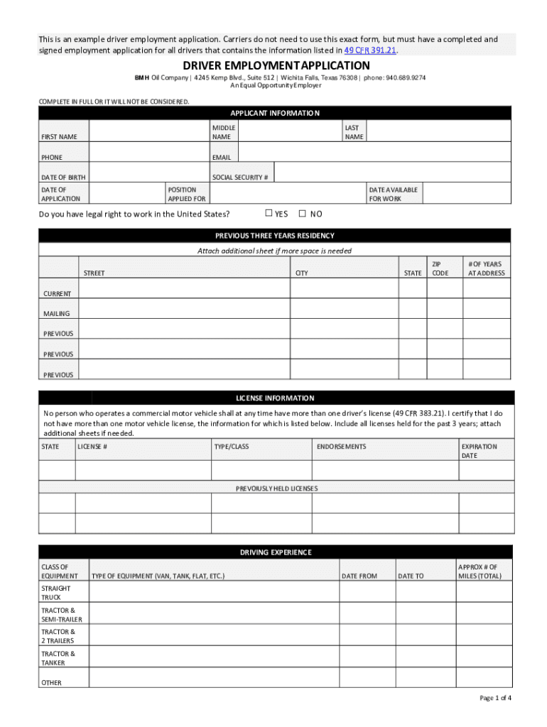Driver Employment Application  Form