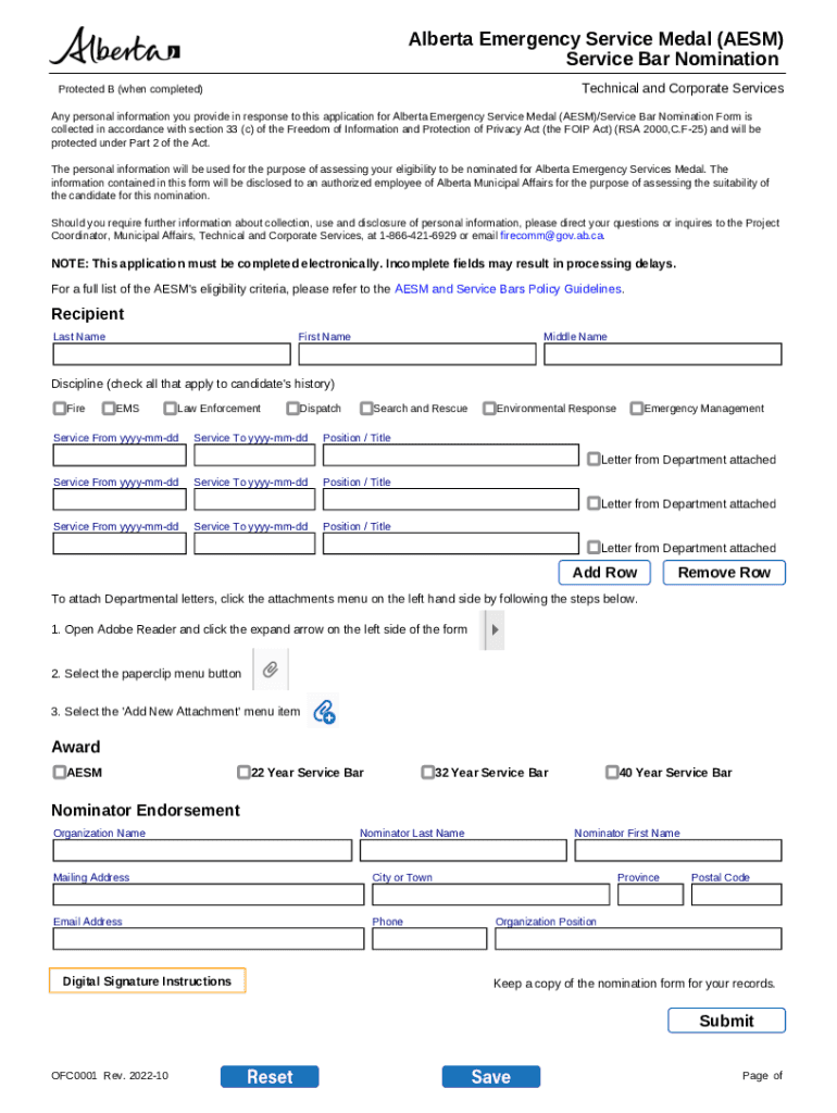 Fillable Online Alberta Emergency Services Medal and  Form