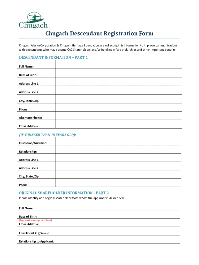Fillable Online Chugach Descendant Registration Form &amp;amp;