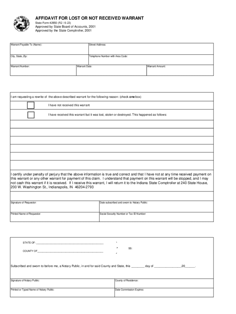  State Form 42850 Affidavit for Lost or Not Received Warrant 2023-2024
