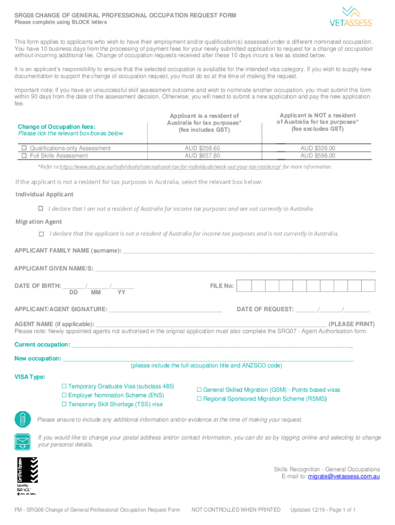 SRG 08 Vetassess Occupation Change Request Form