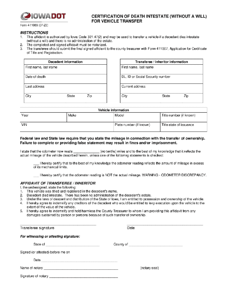 Form 411088 200 AFFIDAVIT of DEATH INTESTATE in RE