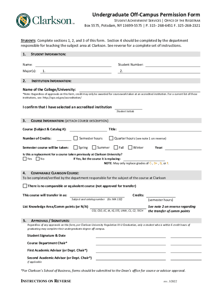  Undergraduate off Campus Permission Form 2022-2024