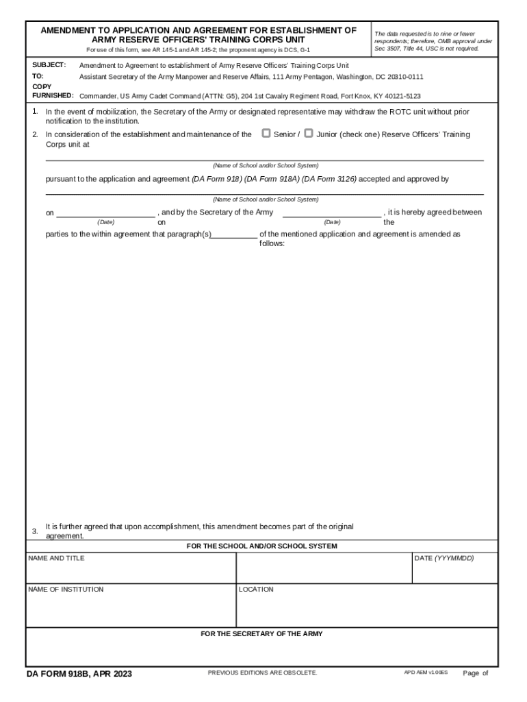 Amendment to Army ROTC Unit Agreement  Form