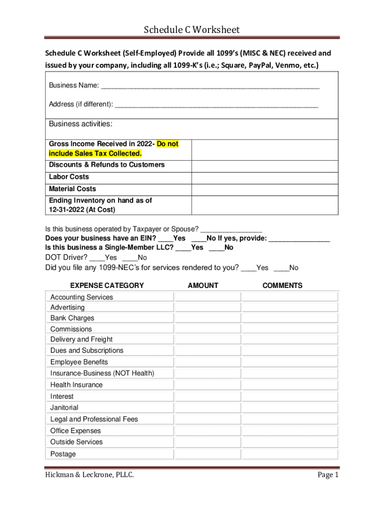 Schedule C Worksheet Self Employed Provide All 1099s MISC &amp; NEC Received and  Form