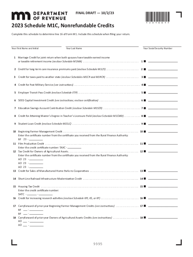  Schedule M1C, Nonrefundable Credits 2024-2026