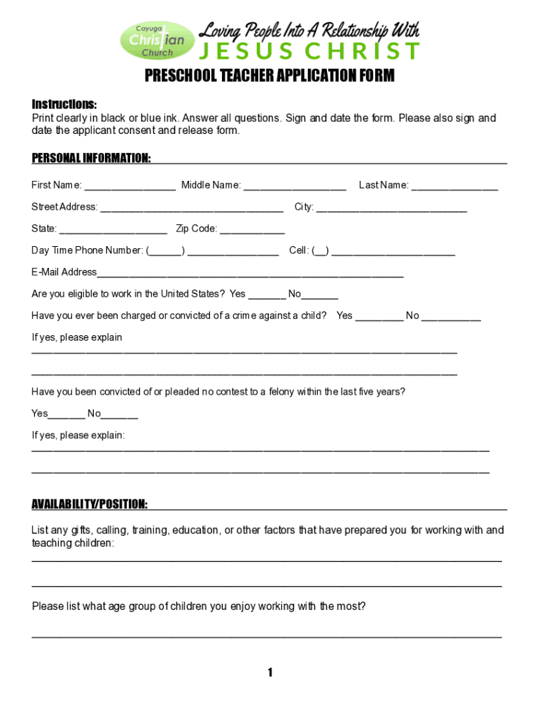 Get the PRESCHOOL TEACHER APPLICATION FORM