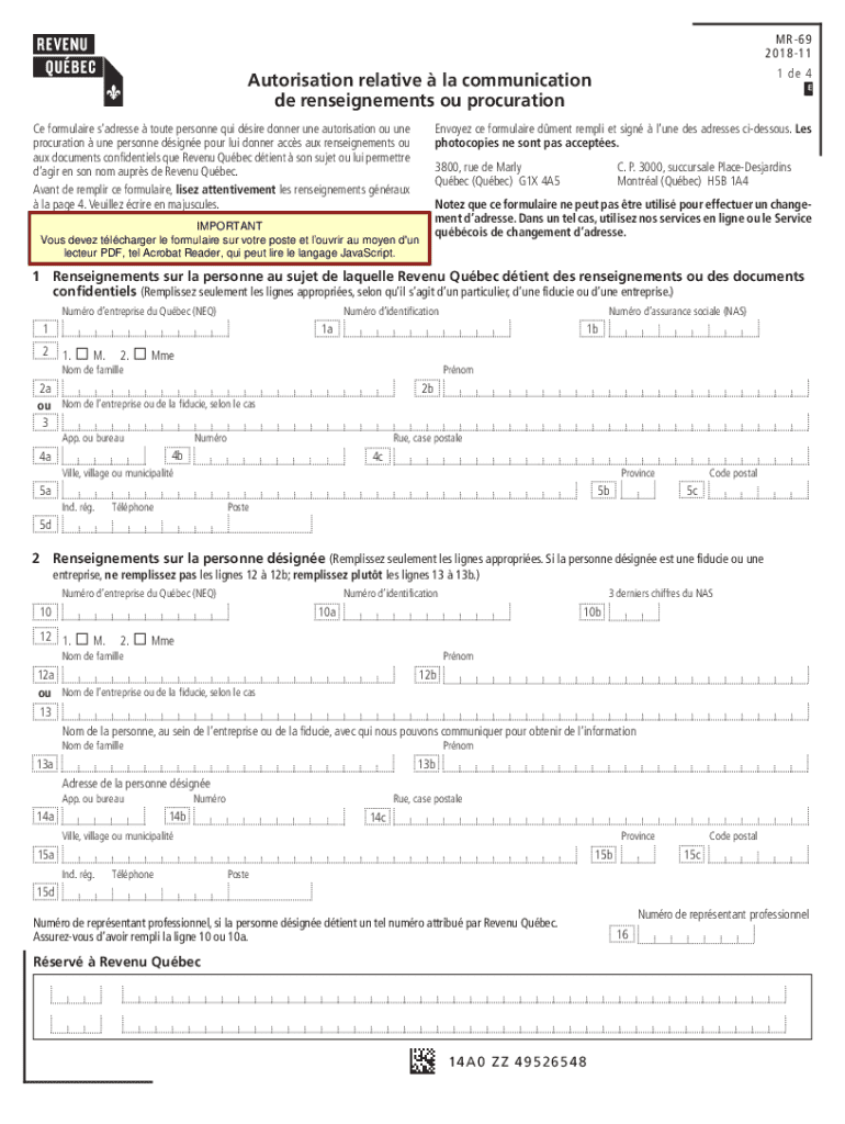  Quebec Authorization Form MR 69 2018-2026