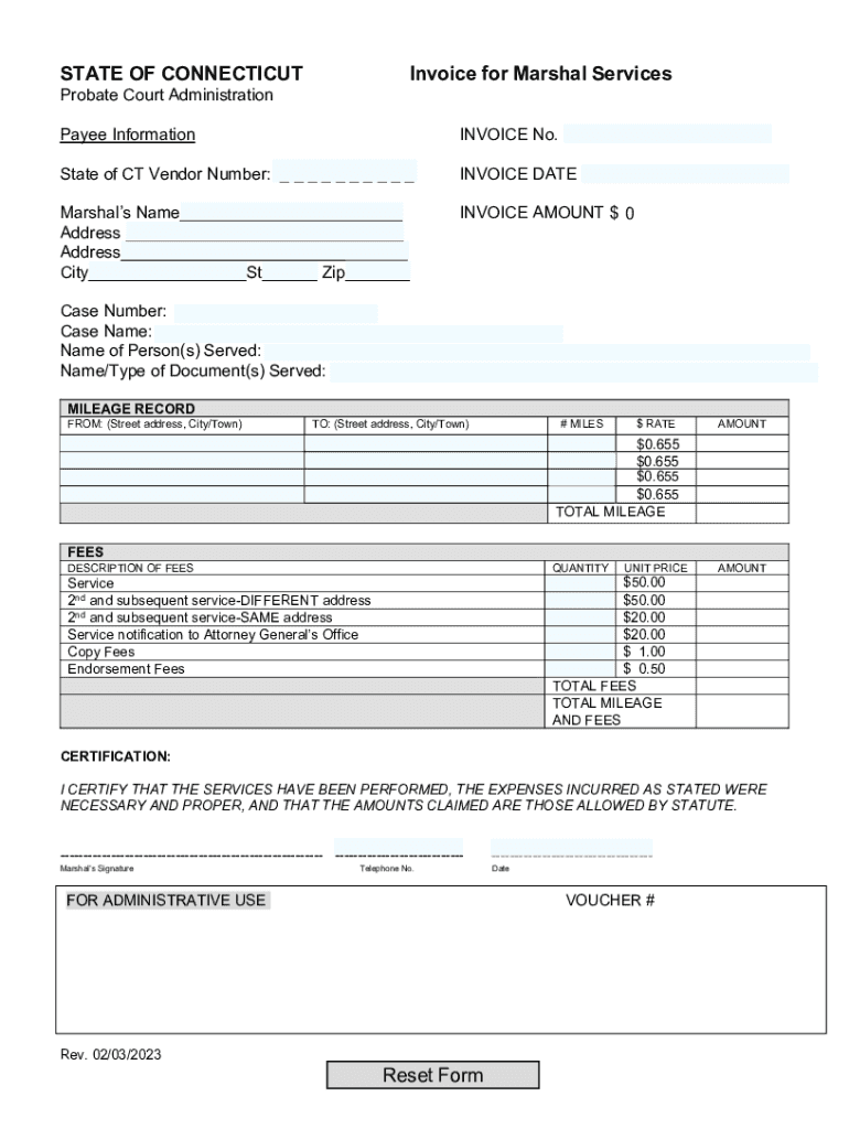 STATE of CONNECTICUT Invoice for Marshal Services  Form