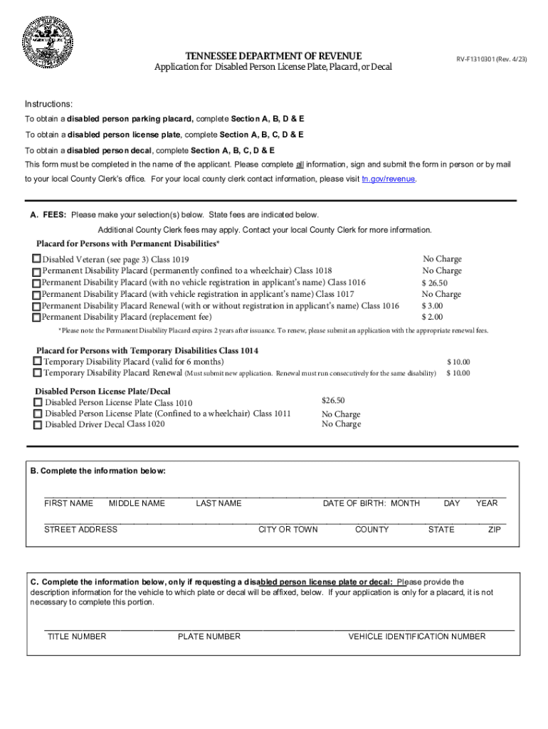  Application for Disabled Person License Plate, Placard and 2023-2024