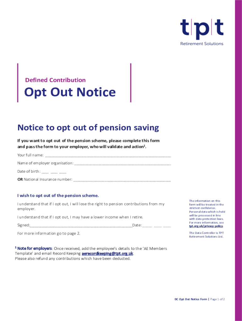  Defined Contributions Out Notice to Opt Out of Pen 2020-2024