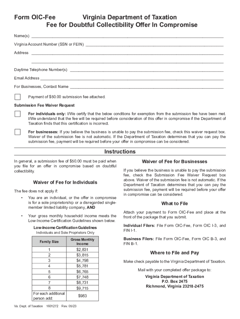  Form OIC Fee Virginia Department of Taxation Fee for Doubtful 2022