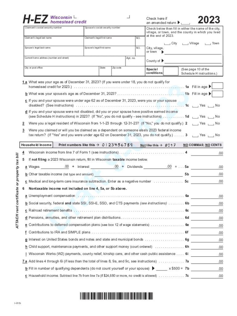 I 015i Schedule H EZ, Wisconsin Homestead Credit Short Form Schedule H EZ Wisconsin Homestead Credit