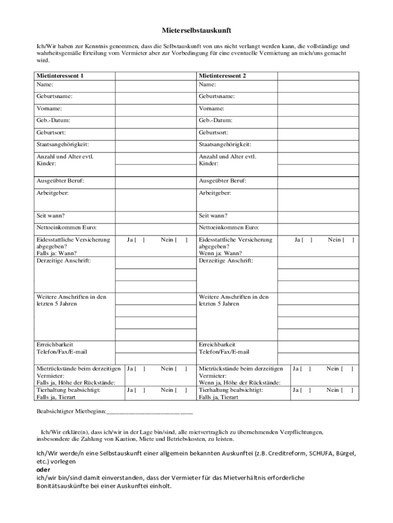 Mieterselbstauskunft Form