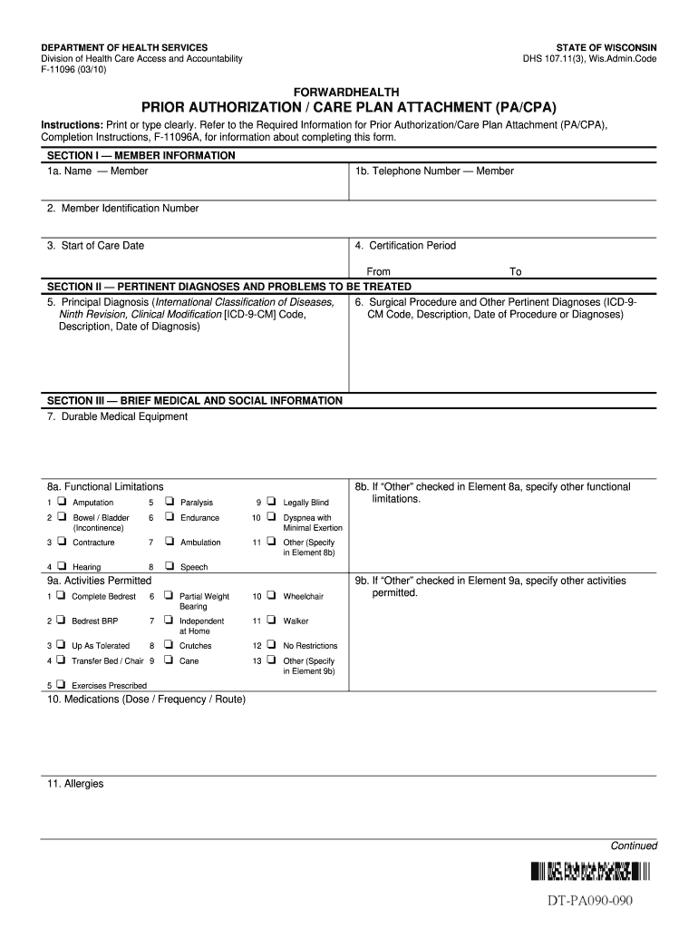  ForwardHealth Prior Authorization Care Plan Attachment PACPA, F 11096 ForwardHealth Prior Authorization Care Plan Attachment PAC 2010