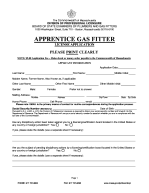 APPLICATION for APPRENTICE GAS FITTERS LICENSE Mass  Form