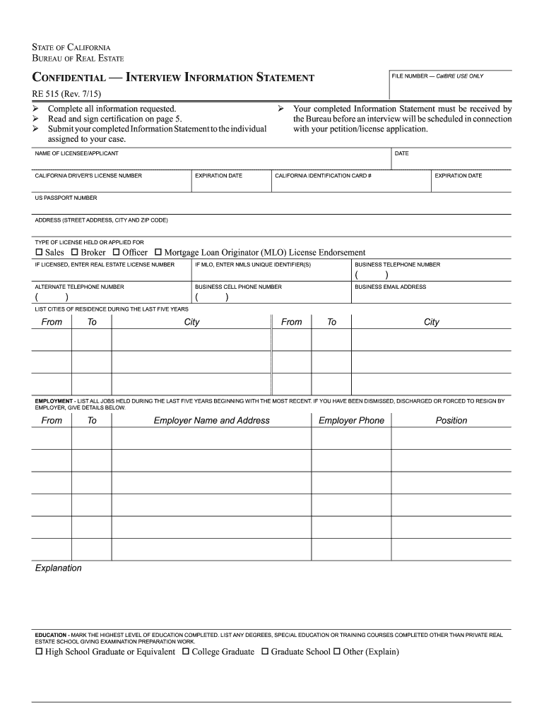  Confidential Interview Information Statement RE 515 Dre Ca 2015-2024