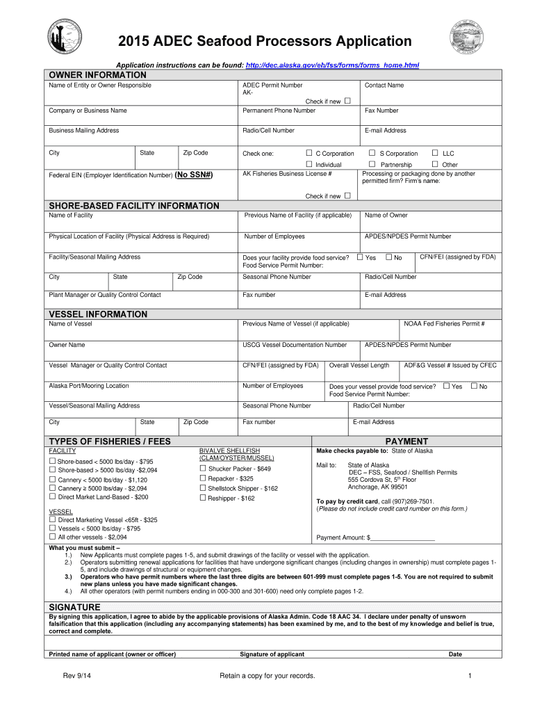  ADEC Seafood Processors Application  Dec Alaska 2015