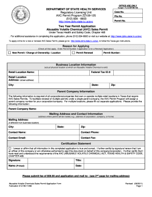 Two Year Permit Application Abusable Volatile Chemical AVC Dshs Texas  Form