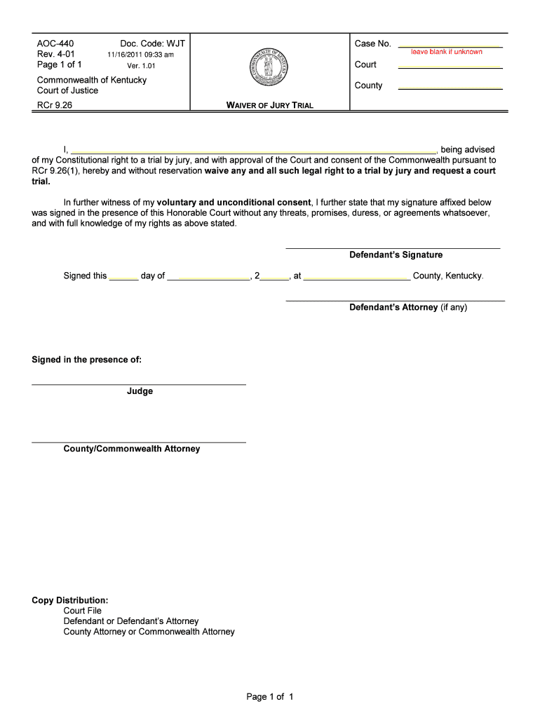 Get and Sign Waiver of Jury Trial  Kentucky Court of Justice  Courts Ky 2011-2022 Form