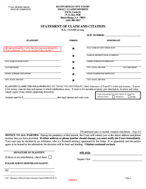 Small Claims Form Statement of Claim and Citation