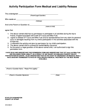 Activity Participation Form Medical and Liability Release the Undersigned ParentLegal Guardian Who Reside at Address and is the 