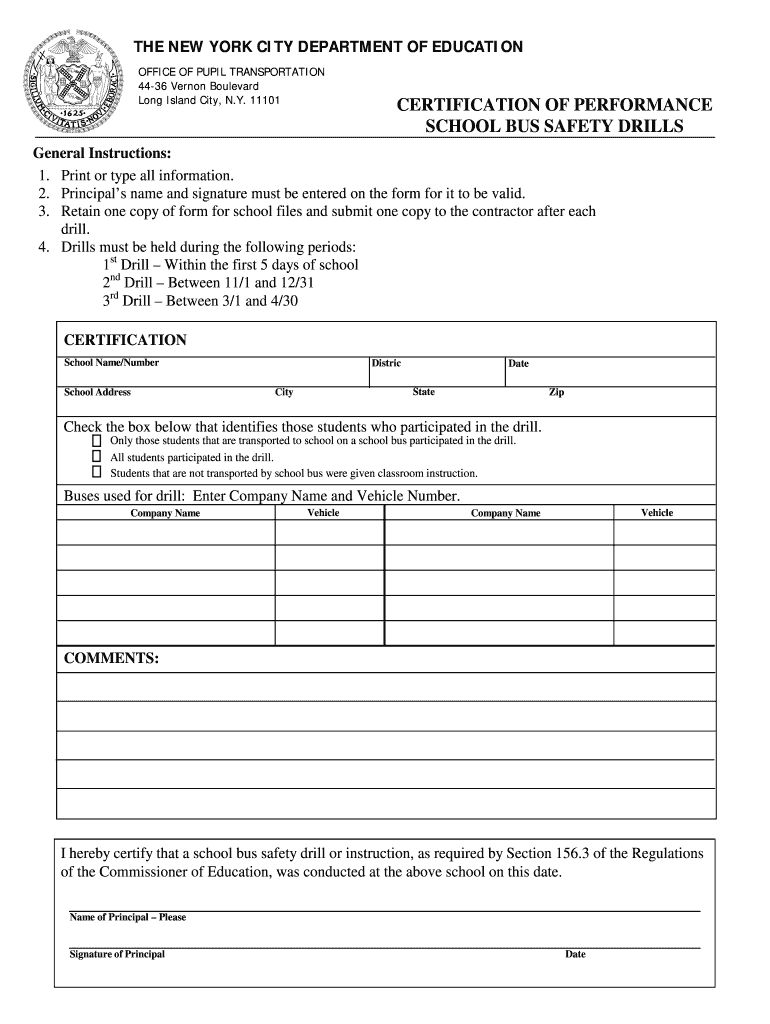 Certification of Performance School Bus Safety Drills Form  Schools Nyc