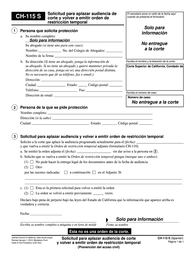 CH 115S Request to Continue Court Hearing and to Reissue Temporary Restraining Order Spanish Judicial Council Forms Courts Ca