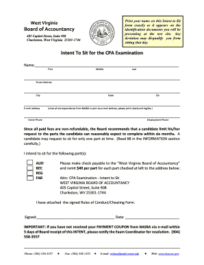 Board of Accountancy Intent to Sit for the CPA Examination Boa Wv  Form