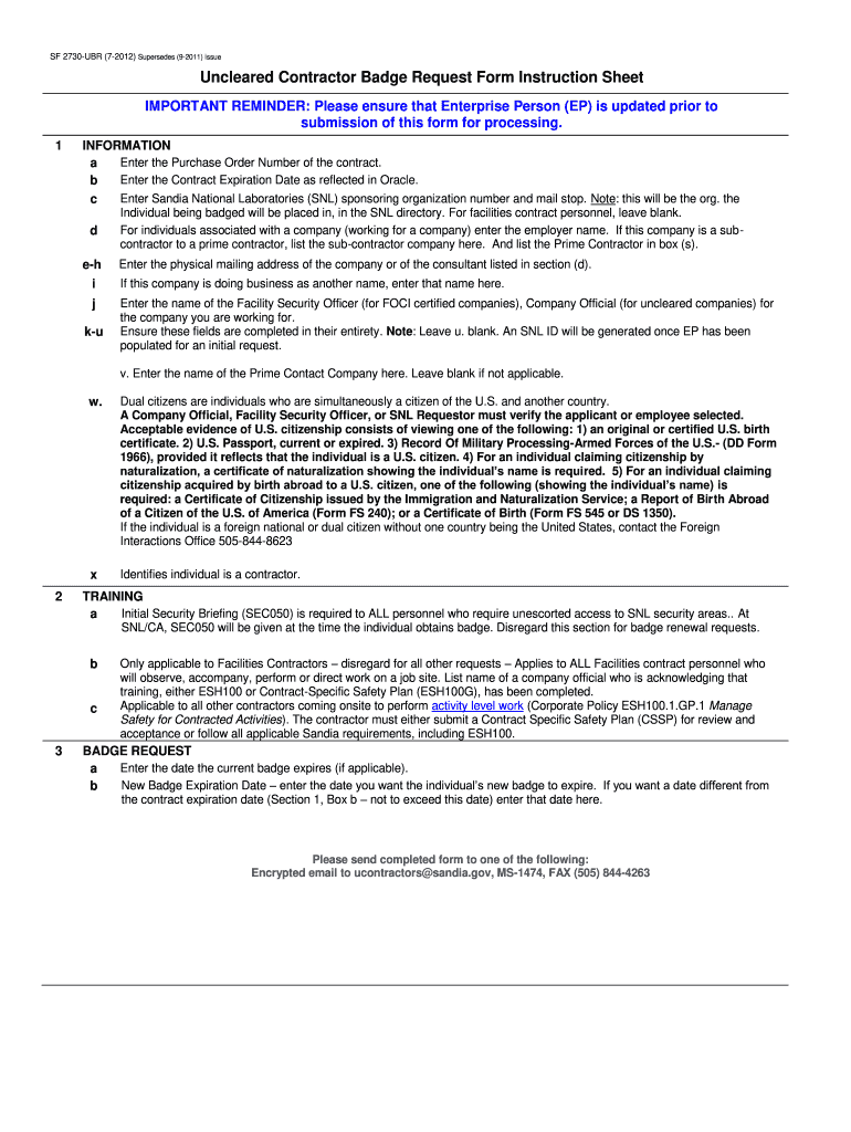 Sf 2730 Ubr;contractor Badge Request Form Sandia National Sandia