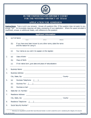 Application for Admission Western District of Texas Txwd Uscourts  Form