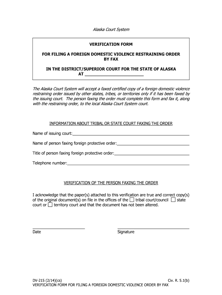 Verification Form for Filing a Foreign Domestic Violence Restraining Order by Fax 214 PDF Fill in Domestic Violence Forms
