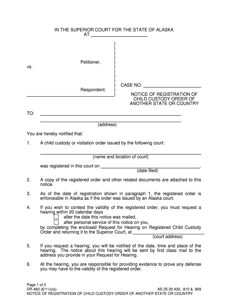 DR 483 Notice of Registration of Child Custody Order of Another  Form