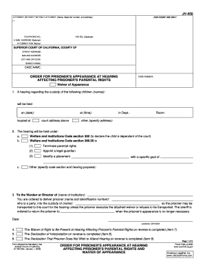  JV 450 ORDER for PRISONER'S APPEARANCE at HEARING AFFECTING PRISONER'S PARENTAL RIGHTS and WAIVER of APPEARANCE Alpine Courts Ca 2006